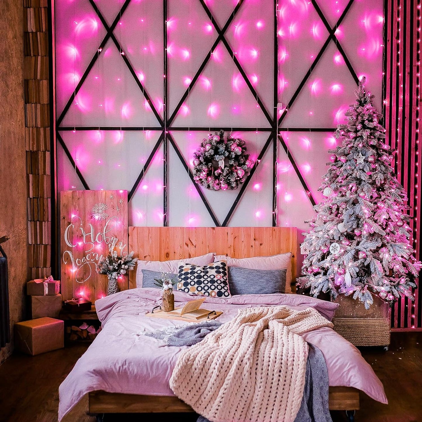 300 LED Remote Control Pink Curtain Lights, 8 Modes Pink Valentine Lights, Pink String Lights for Bedroom Window Wall Party Backdrop Valentine Decorations (9.8X9.8Ft)