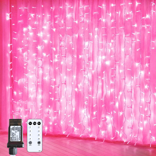 300 LED Remote Control Pink Curtain Lights, 8 Modes Pink Valentine Lights, Pink String Lights for Bedroom Window Wall Party Backdrop Valentine Decorations (9.8X9.8Ft)