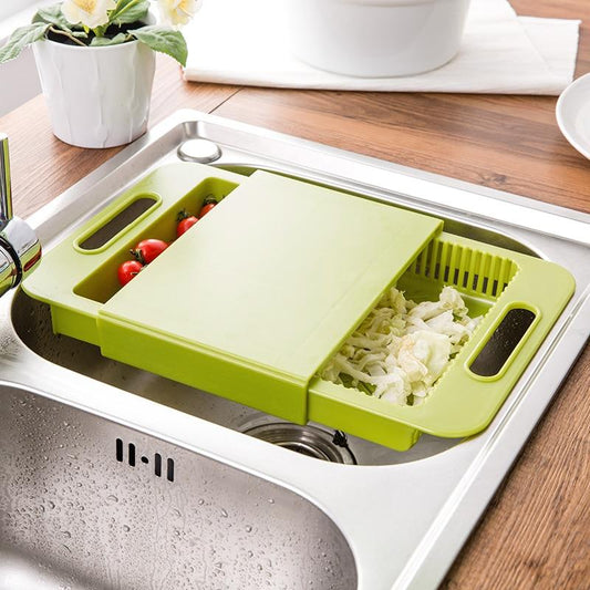 Multifunction Drain Basket Cutting BoardHome Harmony Essentials1Kitchen & Bar EssentialsDescriptions: Size: about 36x23x4cm Material: PP + TPE handle designMultifunction Drain Basket Cutting Board