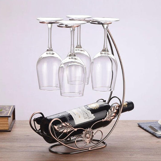 Wine & Glass Holder Hanging RackHome Harmony Essentials1Kitchen & Bar EssentialsOverview Wine Rack/Cup Rack, Double Bottles and 6 Cups, Strong and Durable, Unique. Metal Iron Material, High-Quality Guarantee, Non-Toxic and Harmless, Is a NecessaWine & Glass Holder Hanging Rack