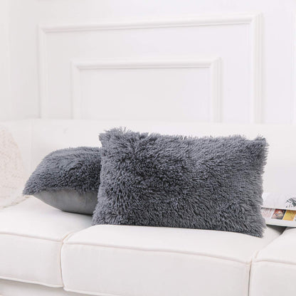 Luxury Soft Faux Fur Fleece Cushion Cover Pillowcase Decorative Throw Pillows Covers, No Pillow Insert, 12" X 20" Inch, Dark Grey, 2 Pack