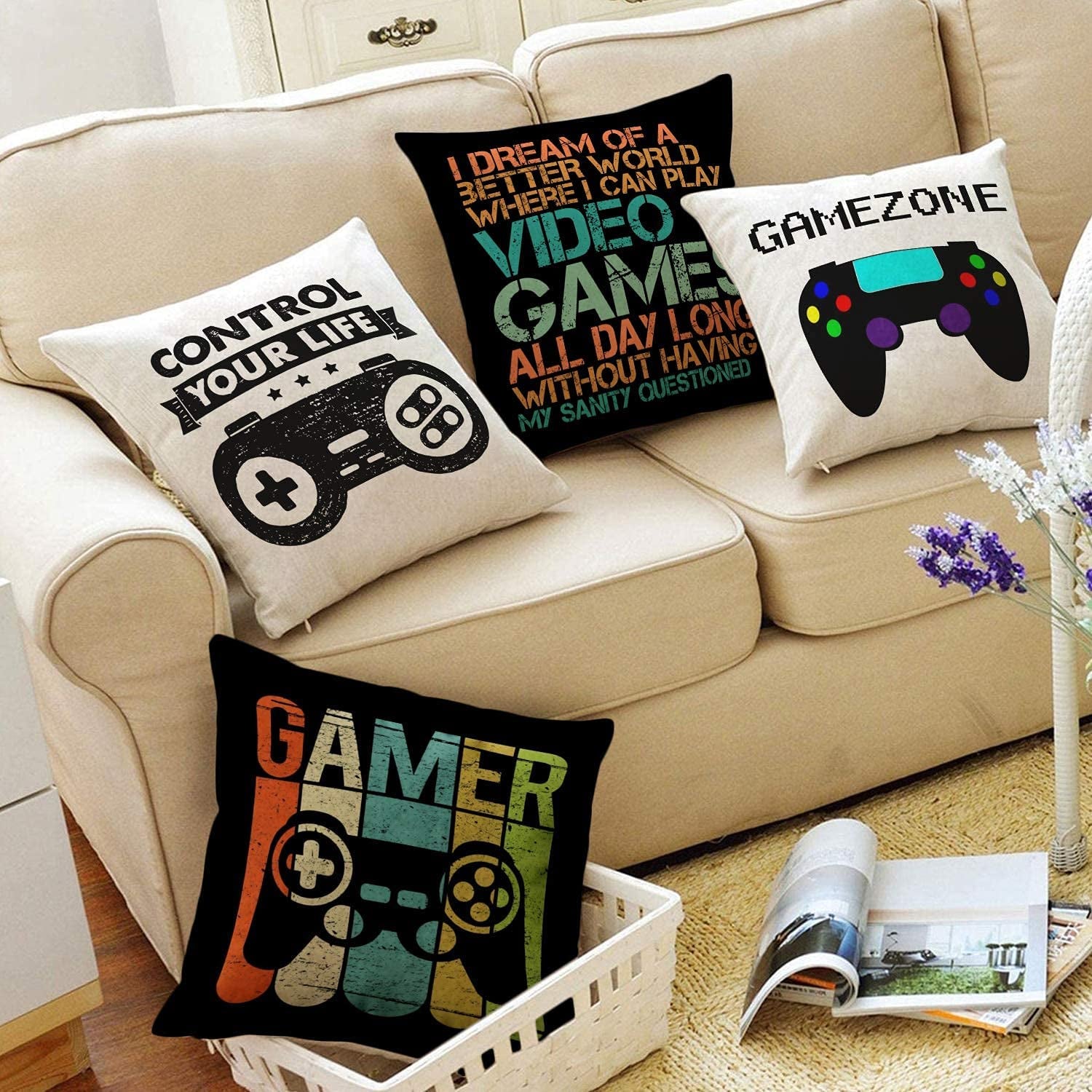 Gamer Game Controller Set of 4 Linen Square Throw Pillow Video Games Case Cushion Cover for Playroom Office Bed Sofa Decor 18"X 18"