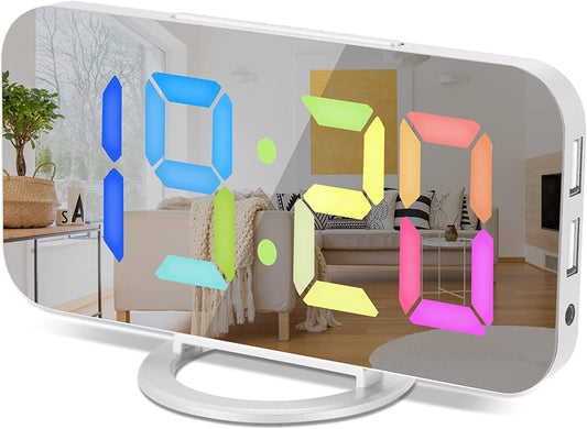 Digital Clock Large LED Display, Mirror for Makeup with Dual USB Charger Ports, Auto Dimmer Mode,Snooze, Modern Mirror Desk Wall Clock for Bedroom Home Office for All People(White-Colorful)