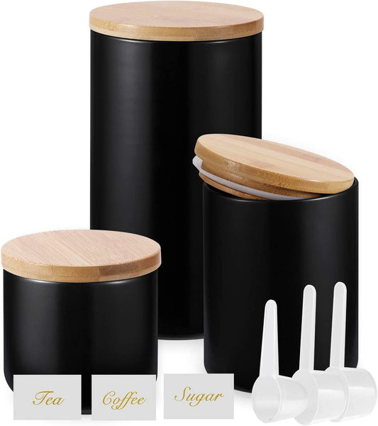 Black Canisters Sets for Kitchen-Set of 3 Coffee Canisters for Countertop with Airtight Bamboo Lids/Spoons/Stickers, Ceramic Food Storage Containers for Large Suger,Coffee,Tea (42/30/9OZ)