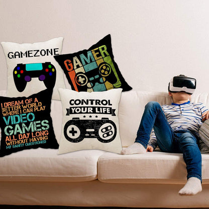 Gamer Game Controller Set of 4 Linen Square Throw Pillow Video Games Case Cushion Cover for Playroom Office Bed Sofa Decor 18"X 18"