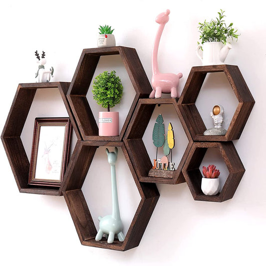 Hexagon Floating Shelves，Large Size Wall Mounted Wood Farmhouse Storage Honeycomb Wall 6 of Shelves , Hexagonal Decor Wall Shelves for Bedroom, Living Room, Office, Brwon