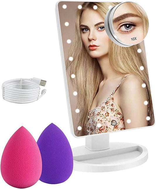 Lighted Makeup Vanity Mirror with 10X Magnifying Mirror and Makeup Sponge, 21 LED Light up Mirror with Touch Sensor Dimming, 180°Free Rotation, Dual Power Supply, Portable Cosmetic Mirror…