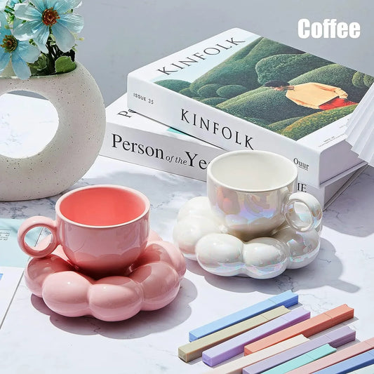 Simple Sunflower Coffee Mug Set Office Home Macaroon Series Coffee Ceramic Cups and Saucers Pink Pearl White Creative Cute Cup