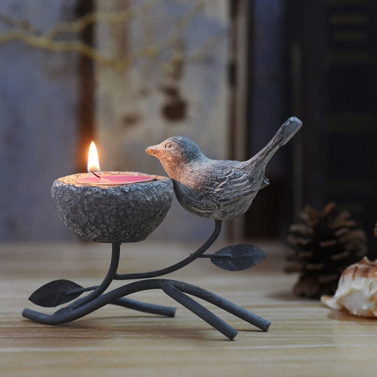 Votive Candle Holders, Vintage Home Decor Centerpiece, Iron Branches, Resin Bird and Nest, Tabletop Decorative Tealight Candle Stands,Creative Artwork (Grey Black)
