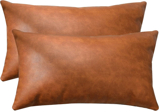 Faux Leather Farmhouse Lumbar Pillow Cover 12X20 Inch, Modern Country Style Decorative Lumbar Pillow for Bedroom Living Room Sofa Brown Accent Pillows. (Full Leather 2PC, 12X20 Inch)