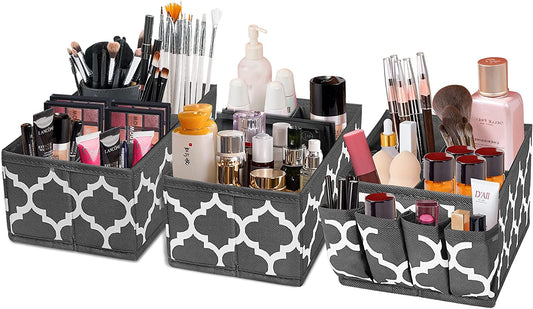 Makeup Basket Organizer, Fabric Portable Cosmetic Storage Organizer with Divider, Foldable Small Bins for Organizing Vanity, Bathroom Counter, Office, Set of 3 Grey
