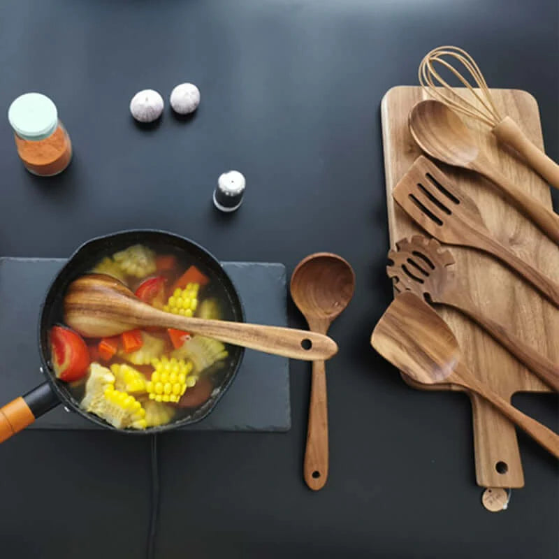 7 PC High-Heat Resistant Teak Wood Kitchenware Spoon Set