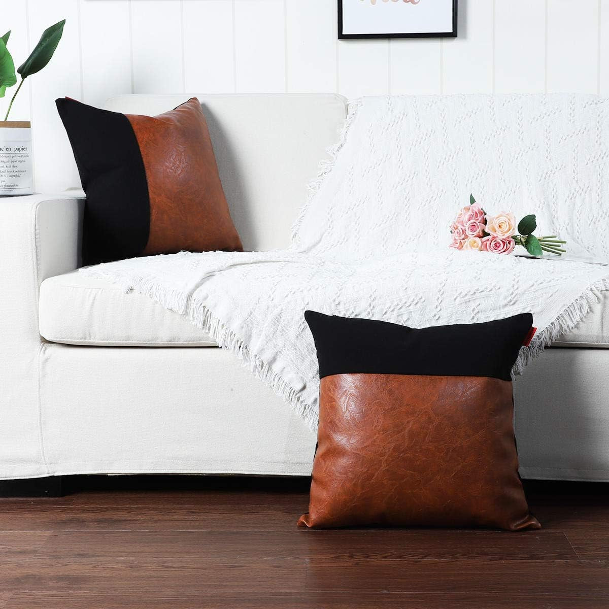 Set of 2 Luxury Boho Decorative Throw Pillow Covers Cushion Cases Faux Leather and Cotton Farmhouse Pillowcases for Couch Sofa Bed 16X16 Inches Brown Black
