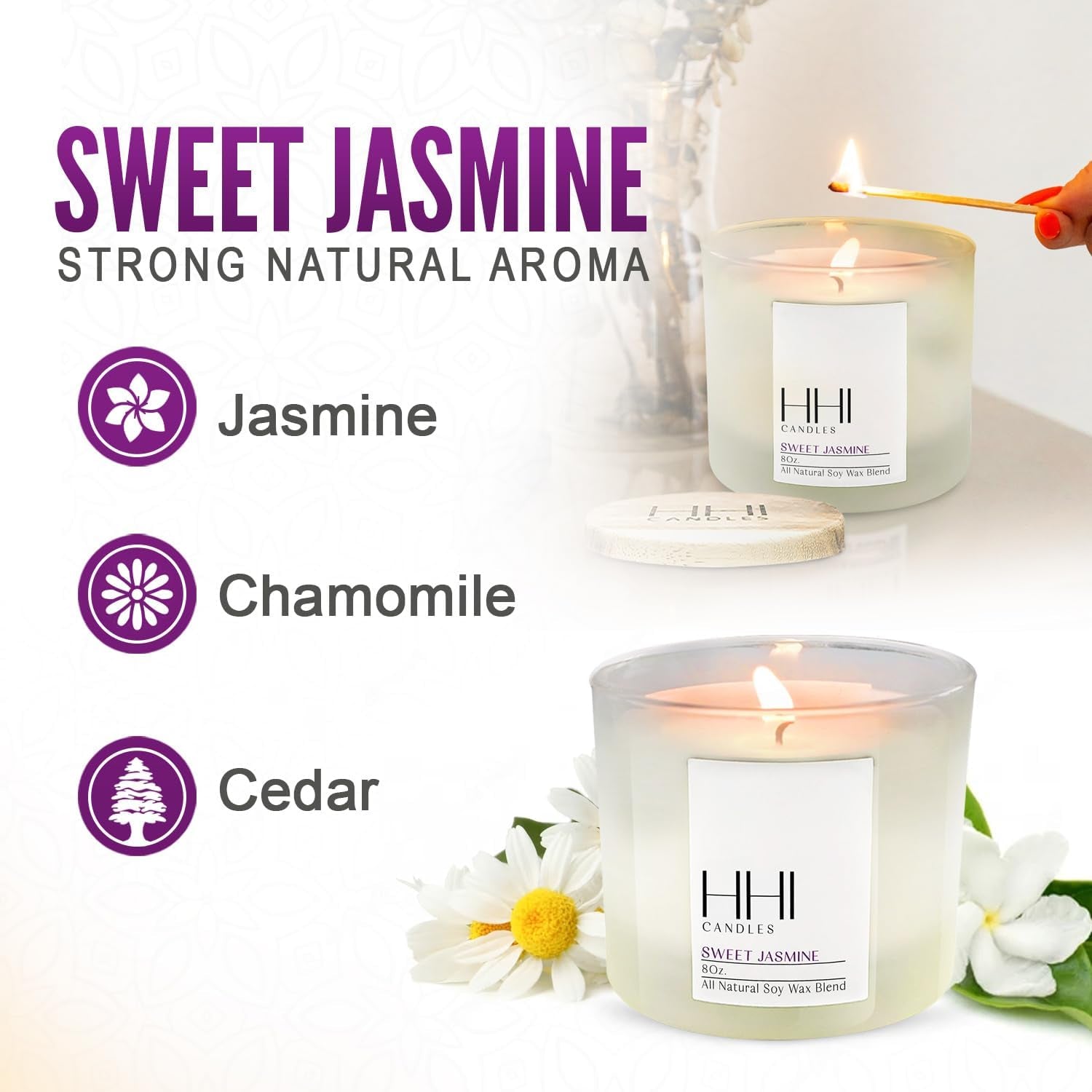 Sweet Jasmine Candle by | Rich Floral Jasmine Fragrance | Single Wick Natural Soy Candles for Home & Spa |Long Lasting Burn Candle Gifts for Women| Large Scented Candles 8 Ounce