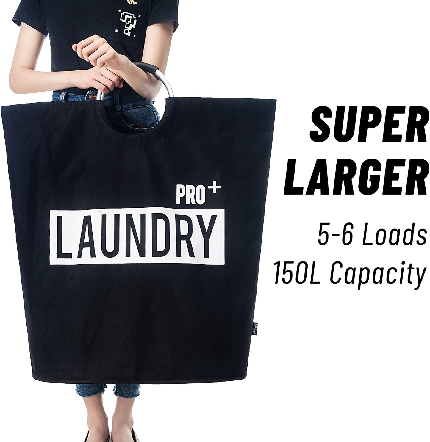Super Large 150L Laundry Basket Pro, Waterproof Laundry Hamper, Collapsible Laundry Basket Easy Storage, Clothes Hamper Stands up Well, Laundry Bag with Padded Handles (Black)